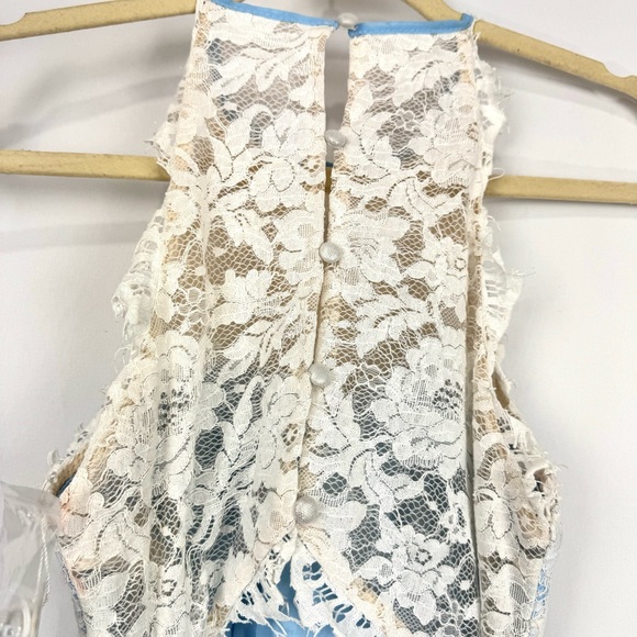 TULLE & CHANTILLY Sz 2 Blue Long Halter Lace Chiffon Bridesmaid Dress w/ Pockets - Picture 7 of 14